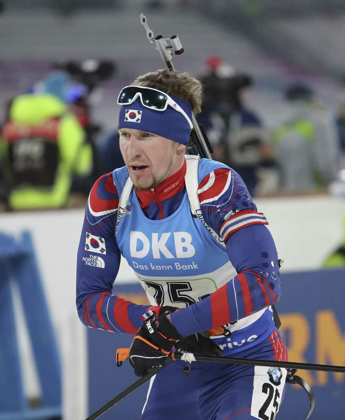 In this Sunday, March 5, 2017 photo, Naturalized biathlete Timofei Lapshin competes during the men's 4x7.5 km relay competition for the Biathlon World Cup at the Alpensia Biathlon Centre in Pyeongchang, South Korea. Biathlete Lapshin said he?’s now known as ?“the Russian Viktor Ahn?” after making the switch in reverse. Lapshin is a talented athlete, with a smattering of podium finishes on the World Cup circuit, but struggled to make the highly-competitive Russian team. After a super-fast naturalization process - he says the first enquiries were made only in September - he now holds a South Korean passport. (AP Photo/Lee Jin-man)