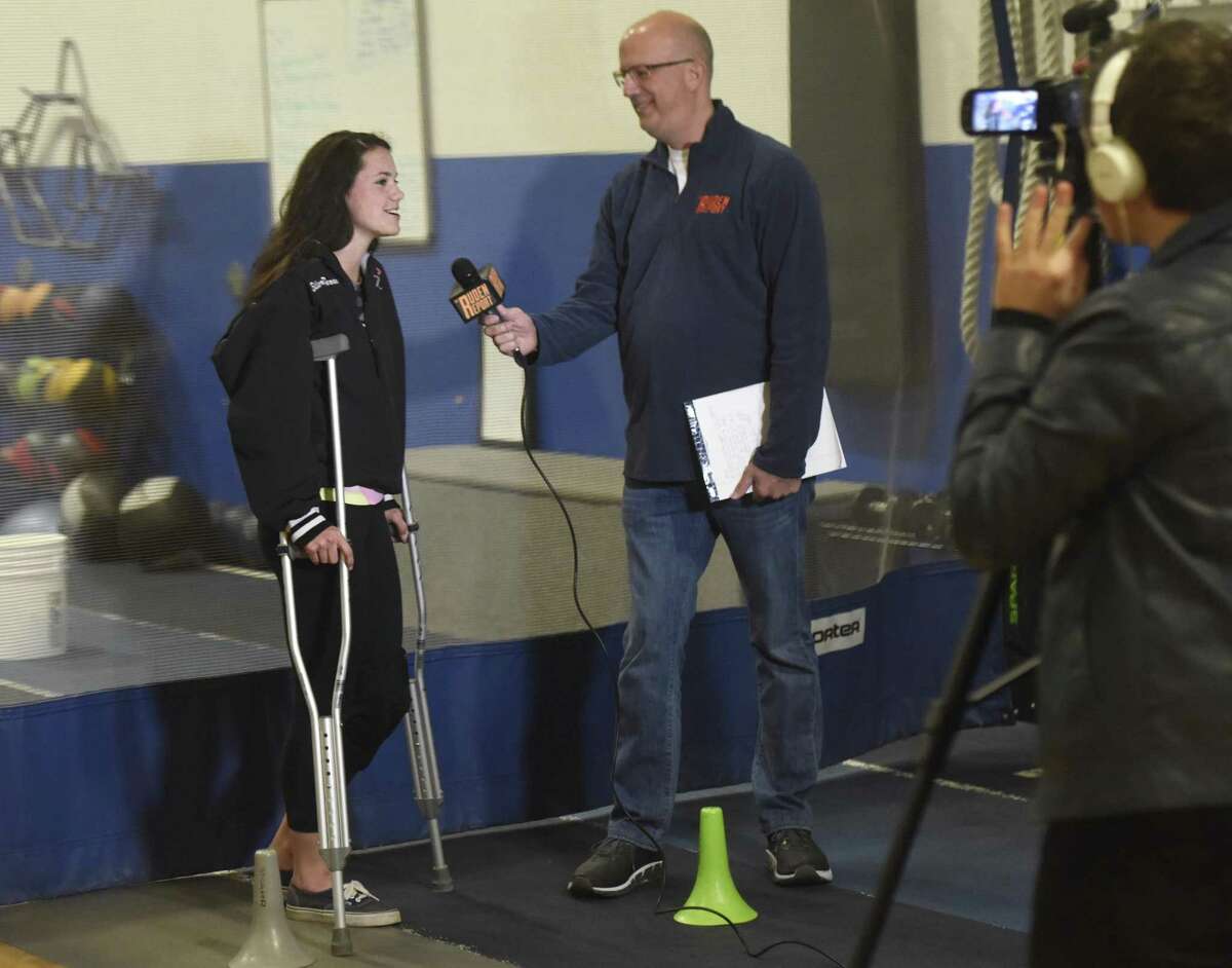 New Canaan senior Ellery Baran gets interviewed by Dave Ruden at the 2017 FCIAC Lacrosse Media Day at BlueStreak Sports Training in Stamford, Conn. Monday, March 27, 2017. Presented by the Ruden Report, the third-annual media day gave FCIAC lacrosse players and coaches from across Fairfield County the opportunity to hang out in a noncompetitive environment before kicking off the 2017 season.