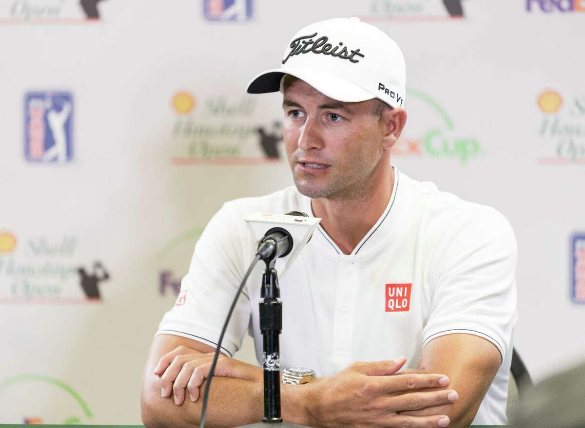 Adam Scott answers questions at a press conference during the rain postponement at the Shell Houston Open Pro-AM on Wednesday at The Golf Club of Houston in Humble Texas.
