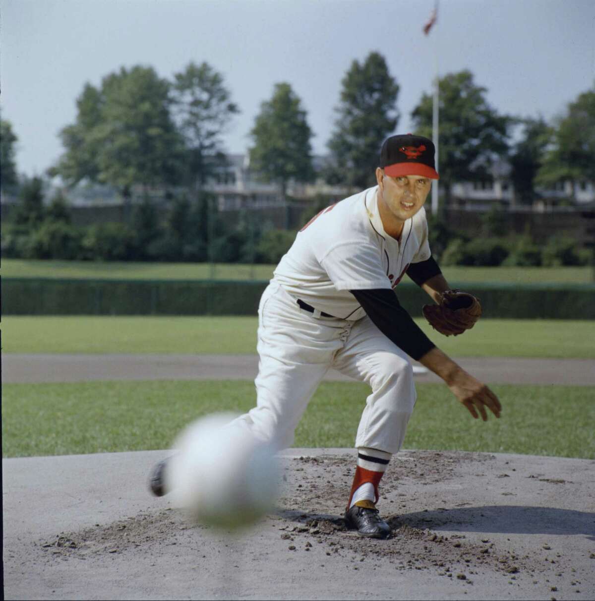 Portrait of American musician Hoyt Wilhelm (1922 - 2002), pitcher of the Baltimore Orioles, at Memorial Stadium, Baltimore, Maryland, 1958.