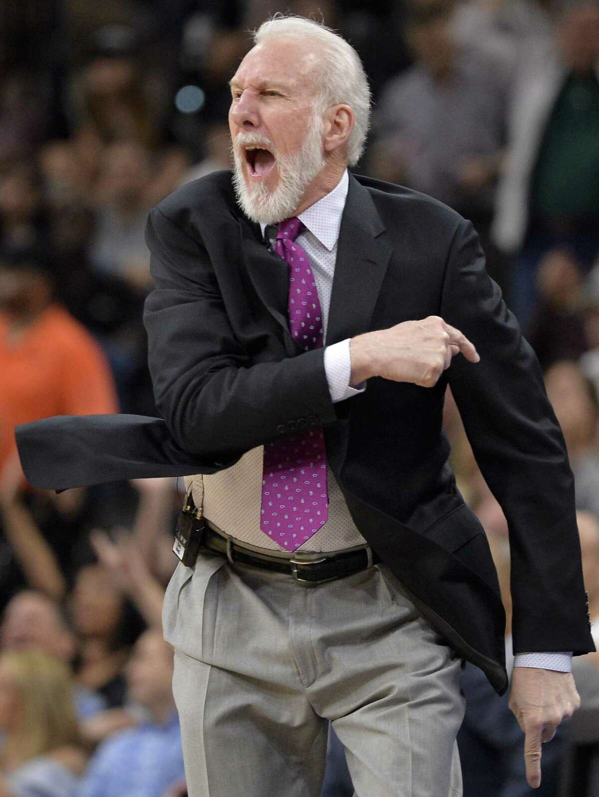 Spurs coach Gregg Popovich yells to his players during the first half against the Golden State Warriors on March 29, 2017, in San Antonio.