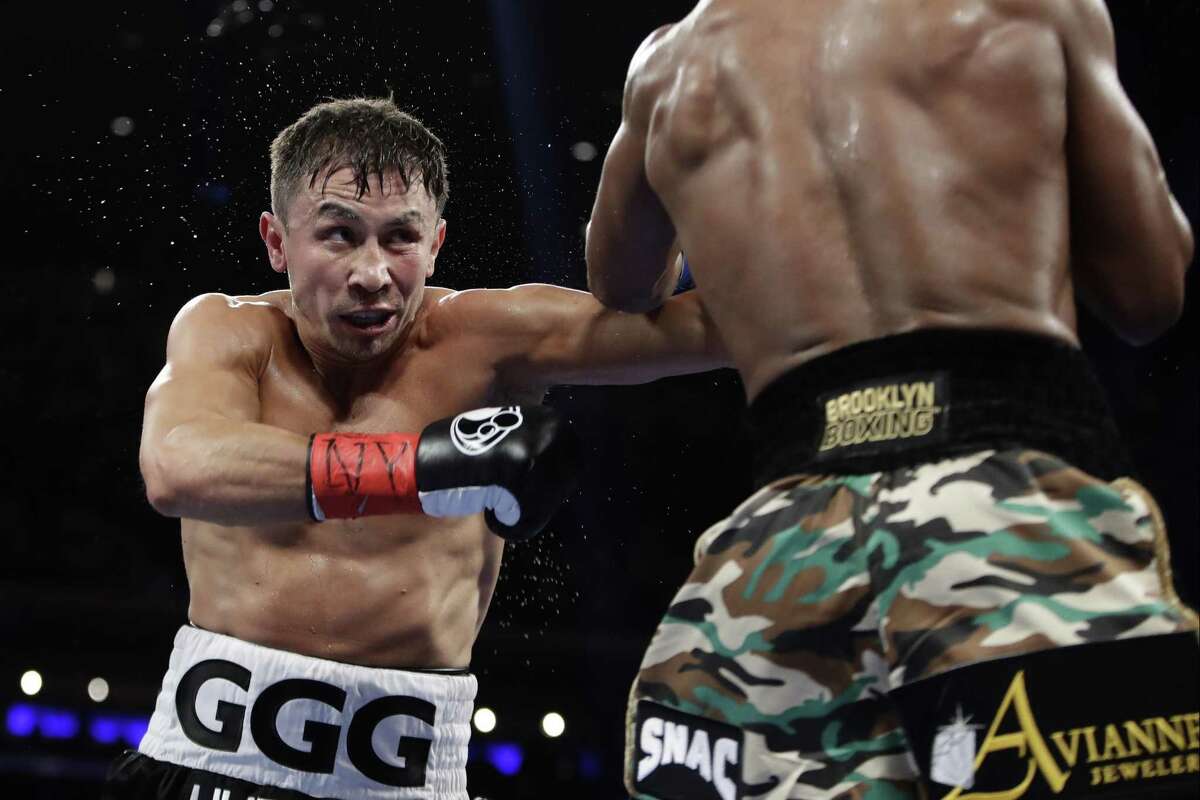 Gennady Golovkin of Kazakhstan fights Daniel Jacobs during the third round of a middleweight boxing match on March 19, 2017, in New York.