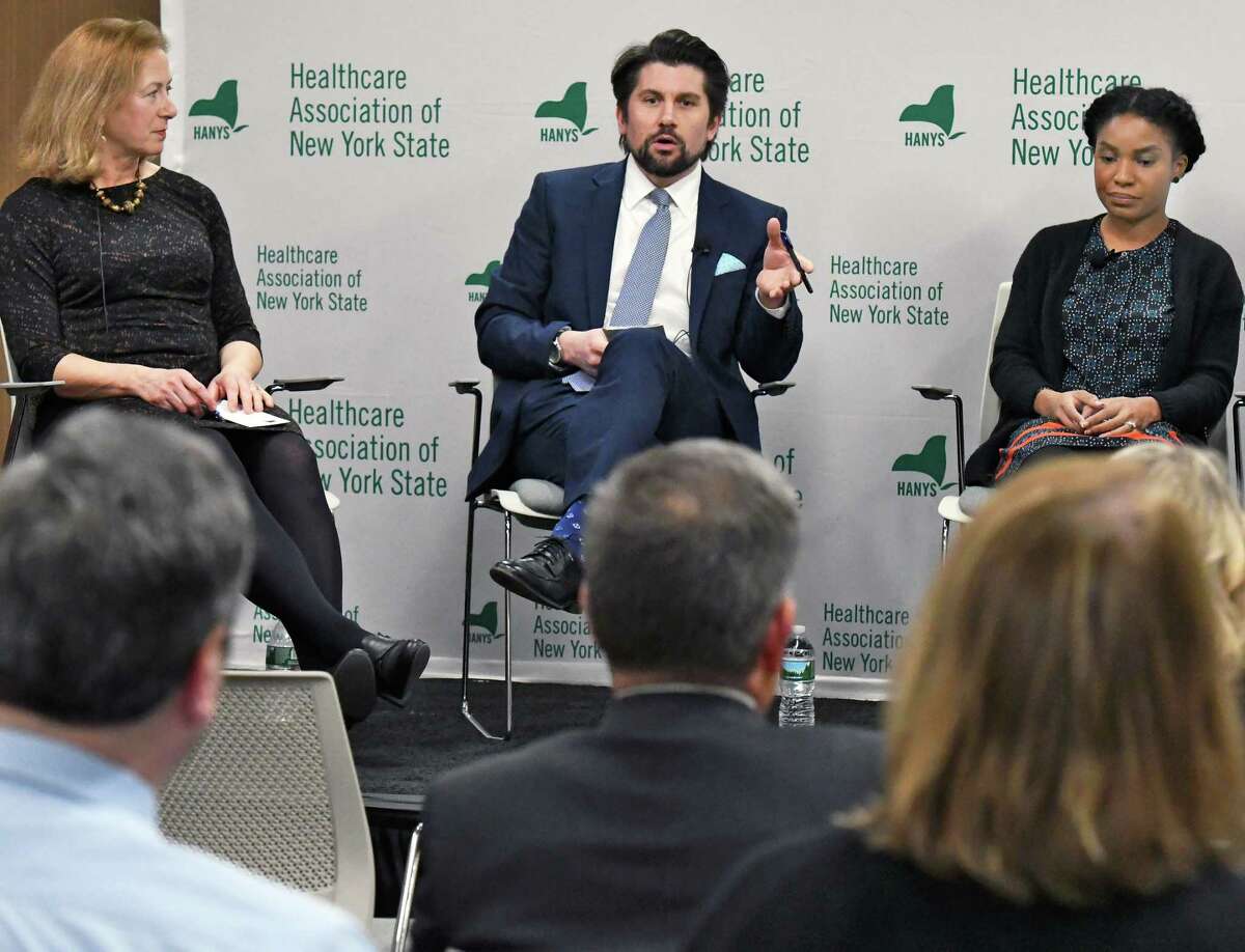 HANYS president Bea Grause, left, Rockefeller Institute president Jim Malatras, and NYS policy director for Medicare rights center Kystal Scott, right, take part in a Healthcare Association of New York State panel discussion to offer insight into the next steps for the Affordable Care Act on Thursday, March 30, 2017, in Rensselaer, N.Y. (John Carl D'Annibale / Times Union)