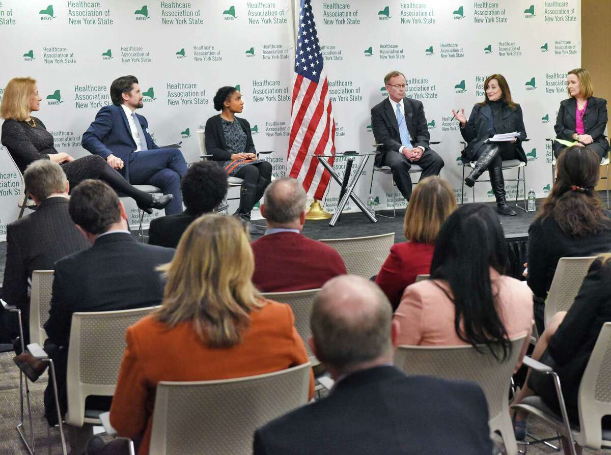 Healthcare Association of New York State hosts a panel discussion to offer insight into the next steps for the Affordable Care Act on Thursday, March 30, 2017, in Rensselaer, N.Y. Panelists are, from left; HANYS president Bea Grause, Rockefeller Institute president Jim Malatras, NYS policy director for Medicare rights center Kystal Scott, president and CEO of LeadingAge NY James Clyne, Jr., NYS AARP director Beth Finkle and president and CEO of the Schuyler Center for Analysis and Advocacy Kate Breslin. (John Carl D'Annibale / Times Union)