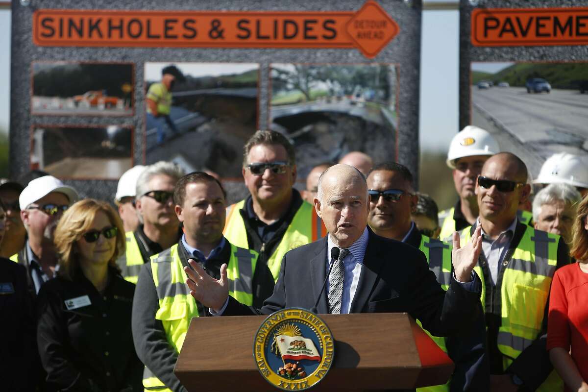 Governor Jerry Brown speaks during a press conference announcing a transportation investment package to fix roads, freeways and bridges across California and invest more toward transit and safety on Thursday, March 30, 2017 in Concord, Calif.