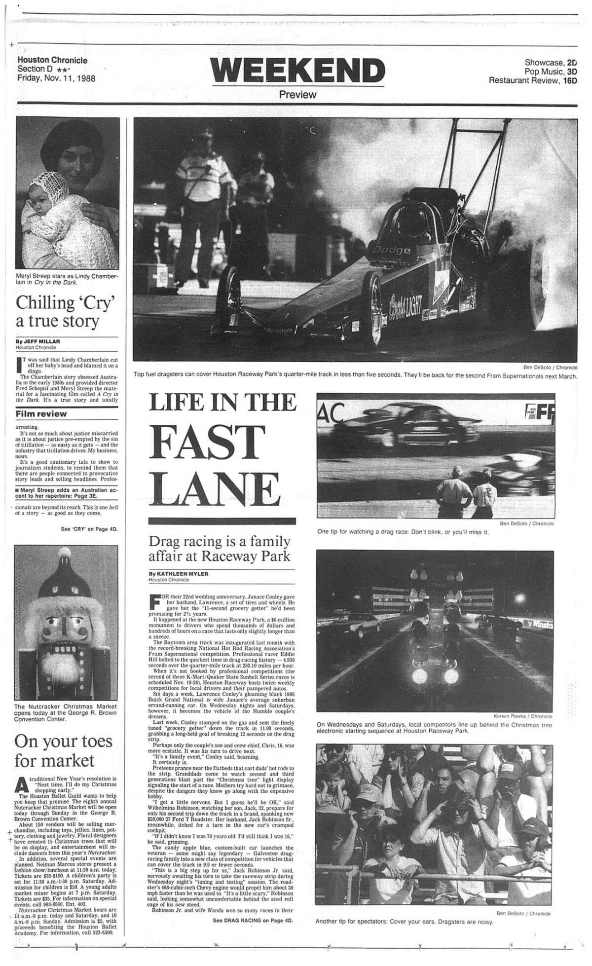 Houston Chronicle inside page - November 11, 1988 - section D, page 1. LIFE IN THE FAST LANE. Drag racing is a family affair at Raceway Park