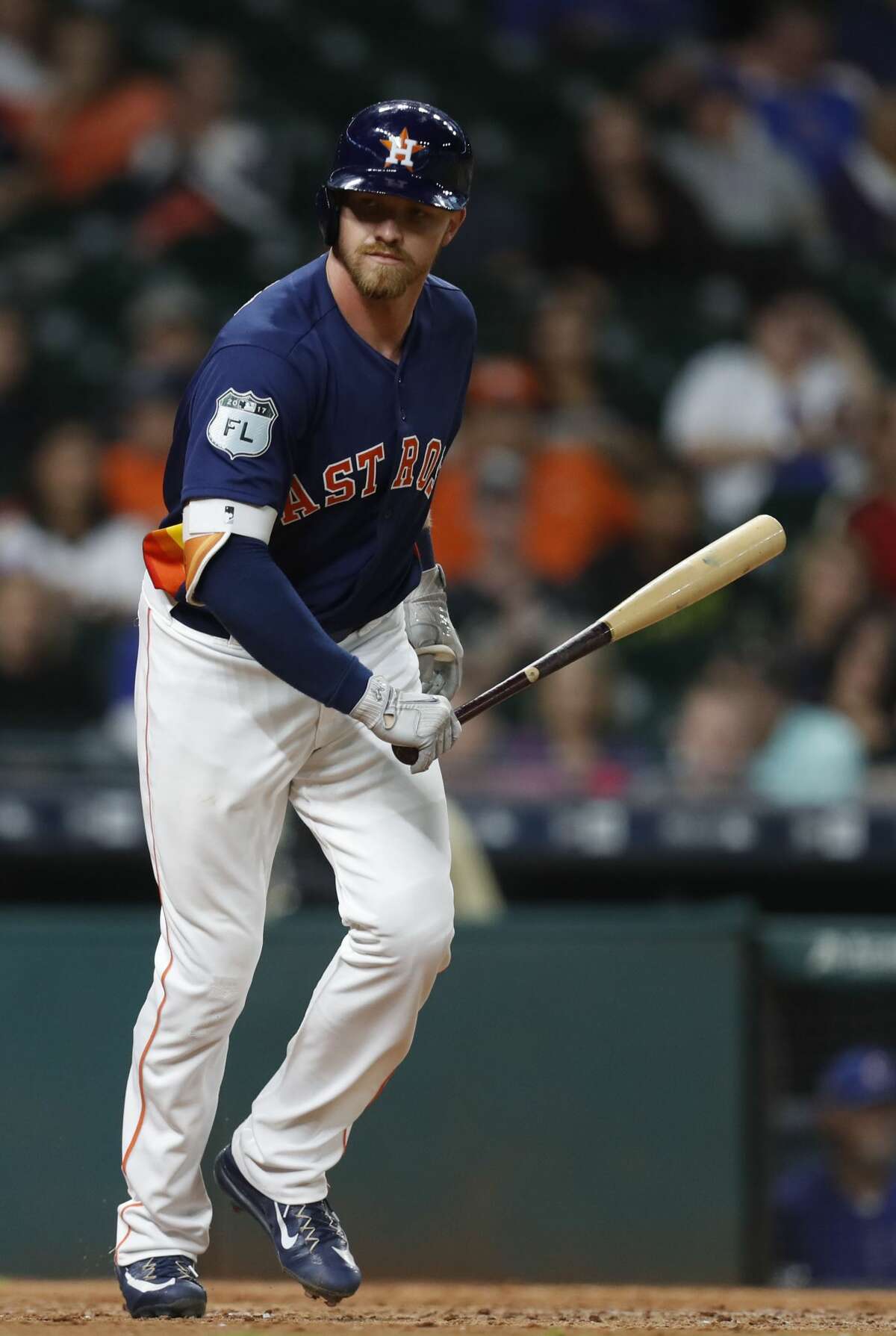 Houston Astros Derek Fisher (77) walks during his at bat in the eighth inning of an MLB exhibition game at Minute Maid Park, Thursday, March 30, 2017, in Houston. ( Karen Warren / Houston Chronicle )