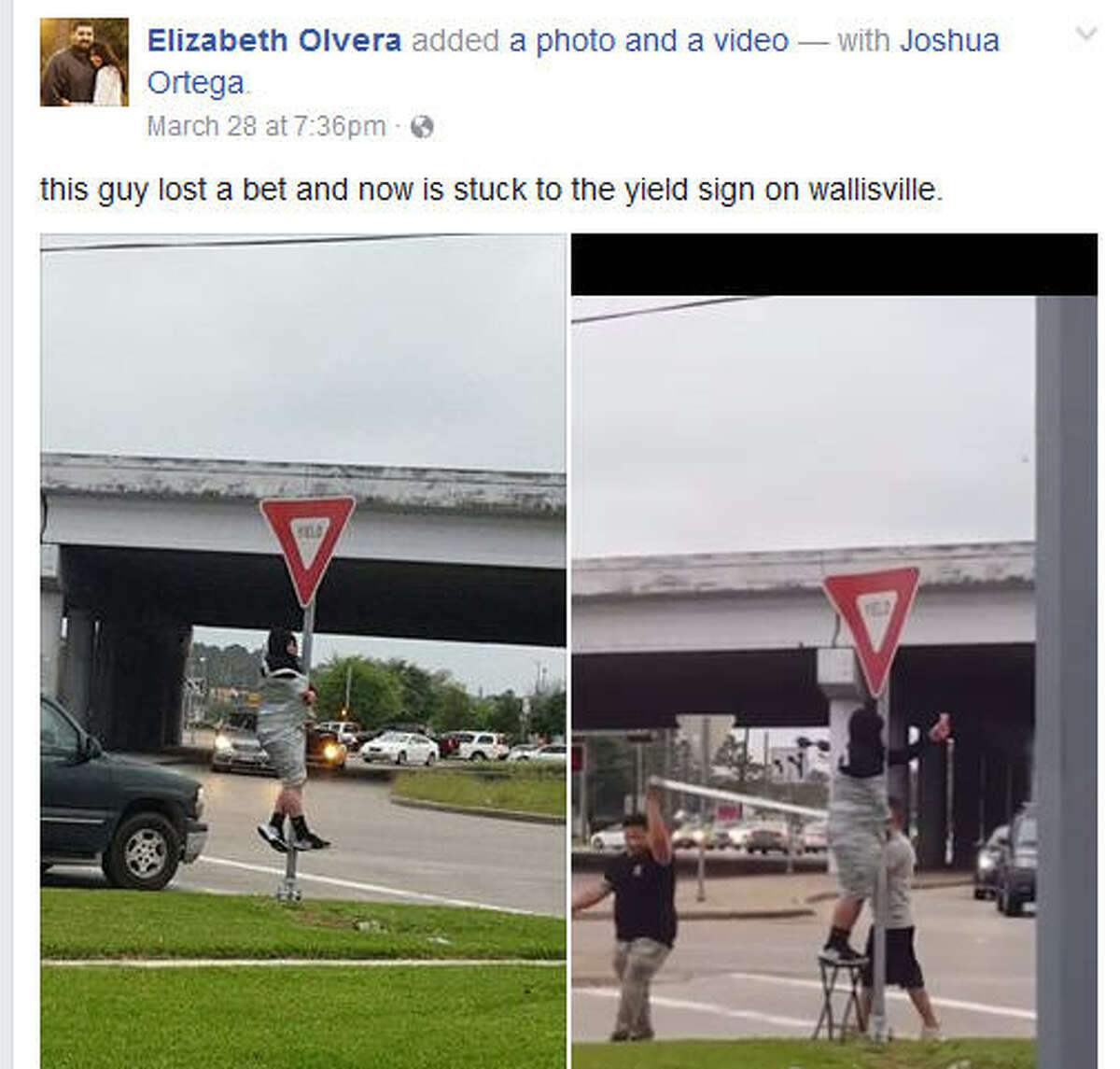 This man was left taped to a yield sign pole near in east Harris County after he lost a bet. Apparently, no one was hurt or arrested in the incident. (Facebook via Elizabeth Olvera)