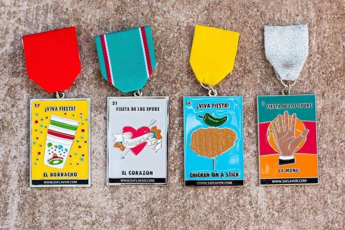 San Antonio blog SA Flavor offers several lotería-themed Fiesta medals for $10 each at store.saflavor.com. From left are this year's El Borracho and El Corazon medals, followed by the 2016 medals Chicken on a Stick and La Mano. $1 from each sale of SA Flavor’s “El Corazon” and “El Borracho” medals goes to Child Advocates of San Antonio and Snack Pak 4 Kids, respectively.