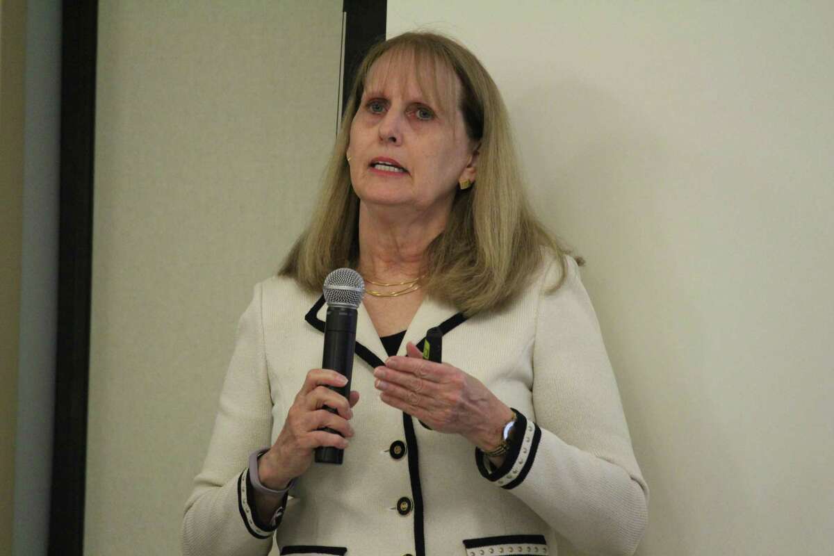 Superintendent Colleen Palmer explains the school budget reductions at school board meeting Monday