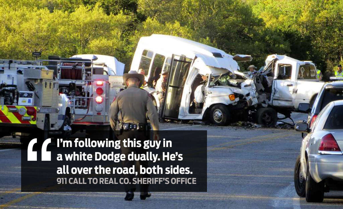 "I'm following this guy in a white Dodge dually. He's all over the road, both sides." Audio of emergency calls made to the Real County Sheriff's Office by Jody Kuchler, a Leakey resident, were obtained by KSAT and detail what happened moments before the crash.