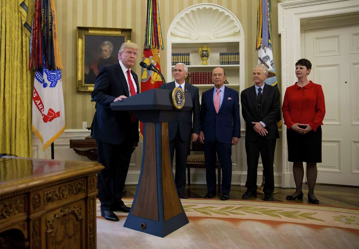 President Donald Trump speaks before signing executive orders ordering a comprehensive study of “trade abuse” that contributes to U.S. deficits with foreign countries and the stepping up of enforcement of existing trade penalties.