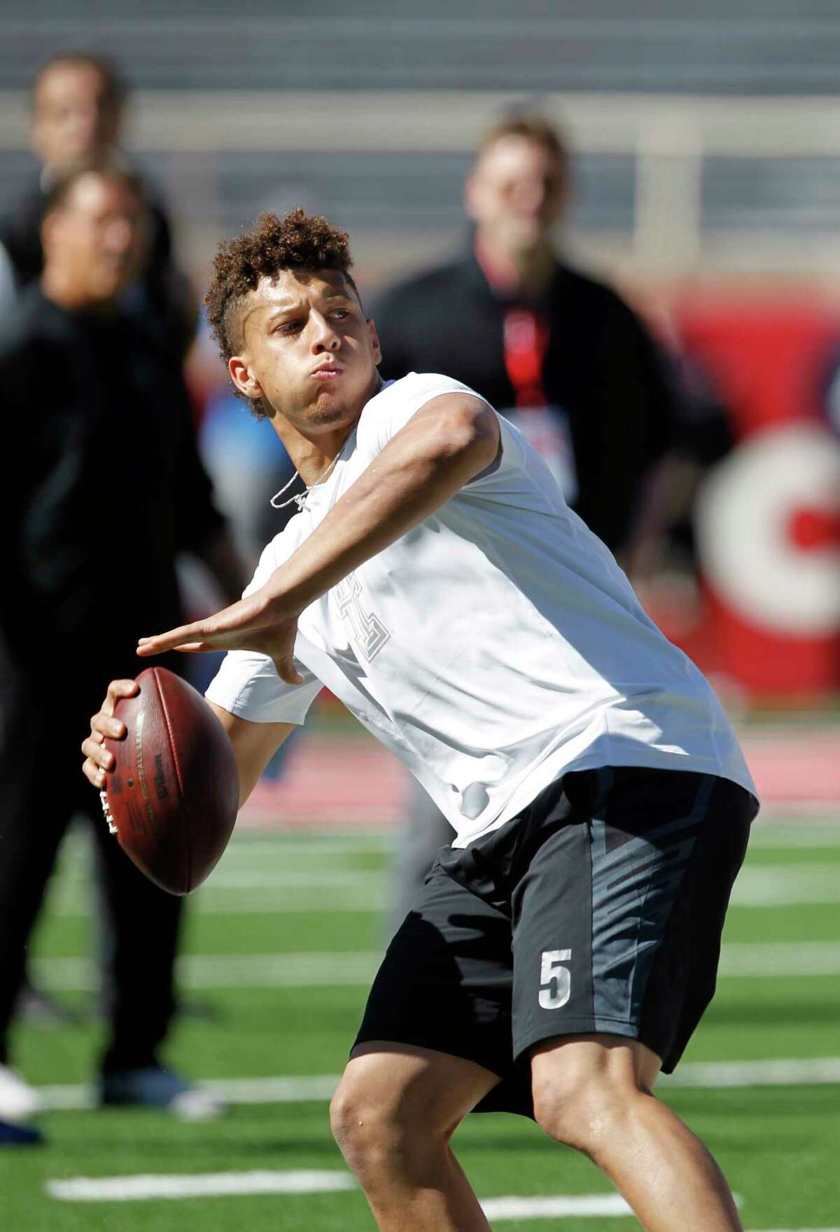 Patrick Mahomes II throws a Hail Mary pass into the north in zone during Texas Tech's pro day at Jones AT&T Stadium Friday, March 31, 2017, in Lubbock, Texas.(Mark Rogers/Lubbock Avalanche-Journal via AP)