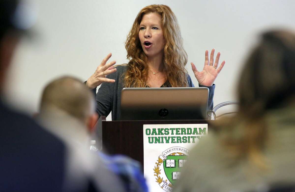 Dale Sky Jones executive chancellor at Oaksterdam University addresses students enrolled in a marijuana class, on Wed. March 15, 2017, in Oakland, Ca.