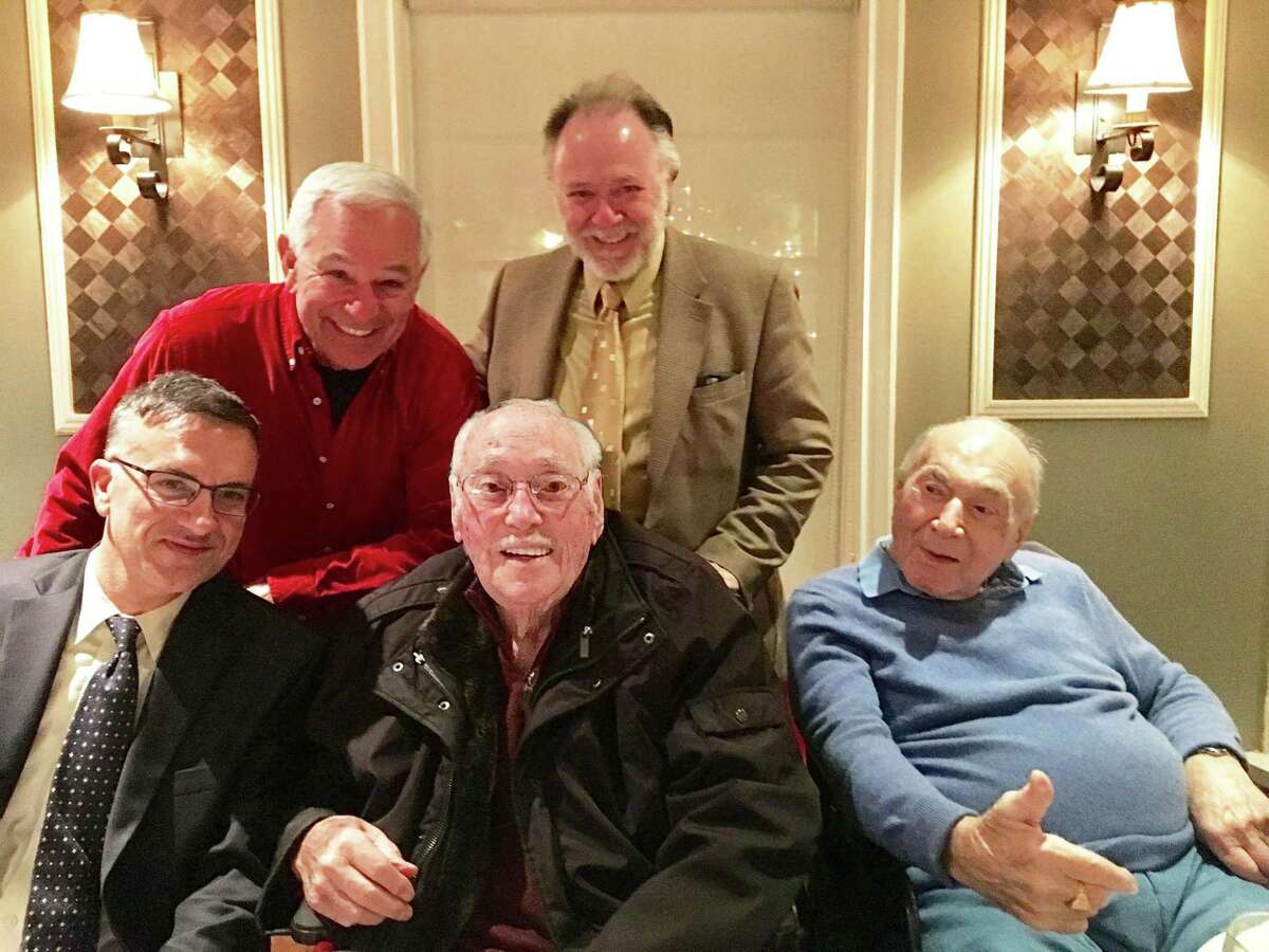 From left: Dr. Ralph Cipriani, Mario DeCarlo, Nick Mercede, Bobby Valentine and SKY Mercede at Mario's 92 birthday celebration at Madonia Restaurant in Stamford. >