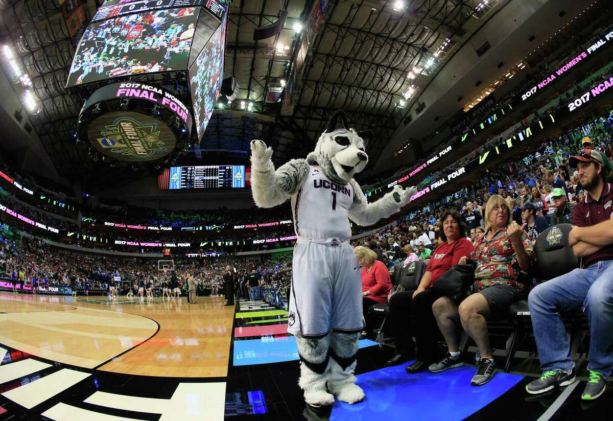DALLAS, TX - MARCH 31: Jonathan the Husky, mascot for the Connecticut Huskies, performs before the game against the Mississippi State Lady Bulldogs during the semifinal round of the 2017 NCAA Women's Final Four at American Airlines Center on March 31, 2017 in Dallas, Texas.