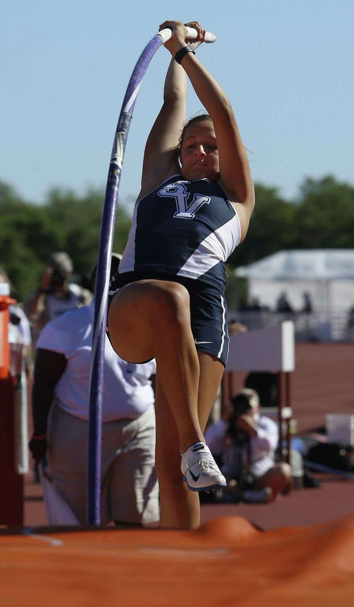 Smithson Valley’s Colleen Clancy competes in the girls pole vault during the Texas Relays in Austin, Friday, March 31, 2017.