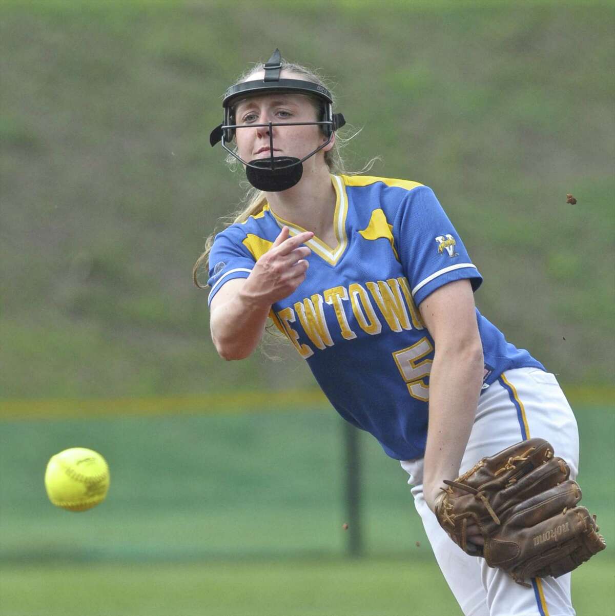 Newtown pitcher Sara Kennedy (5) during the SWC softball game between Newtown and Joel Barlow high schools on Friday afternoon, April 22, 2016, at Joel Barlow High School, in Redding, Conn.
