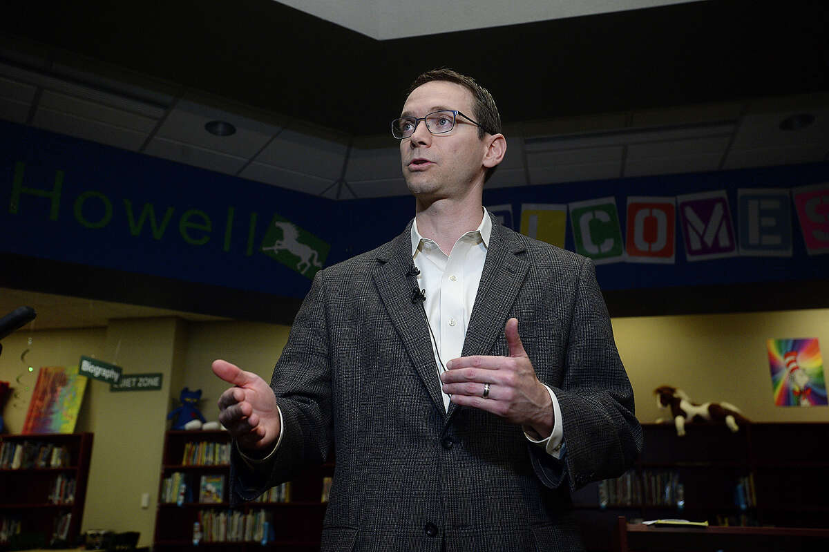 State Commissioner of Education Mike Morath offers his thoughts on the future of Beaumont schools and candidates for the BISD manager position during a press conference at Regina Howell Elementary School Friday. Morath spent the day visiting classrooms at the school and talking with teachers after a similar tour at Central High School. Photo taken Friday, March 31, 2017 Kim Brent/The Enterprise