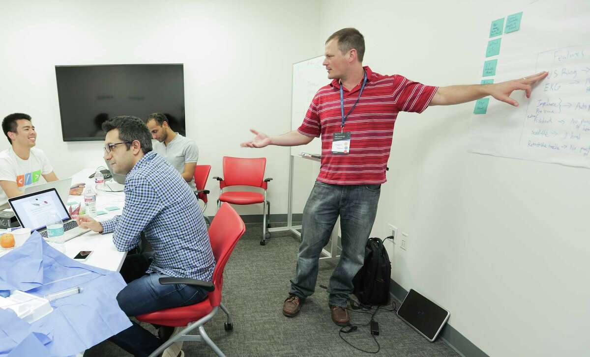 Joseph Hollmann of Barcelona talks about some the team's ideas during the Texas Medical Center Biodesign Hackathon work on solving medical problems on Saturday, April 1, 2017, in Houston. ( Elizabeth Conley / Houston Chronicle )