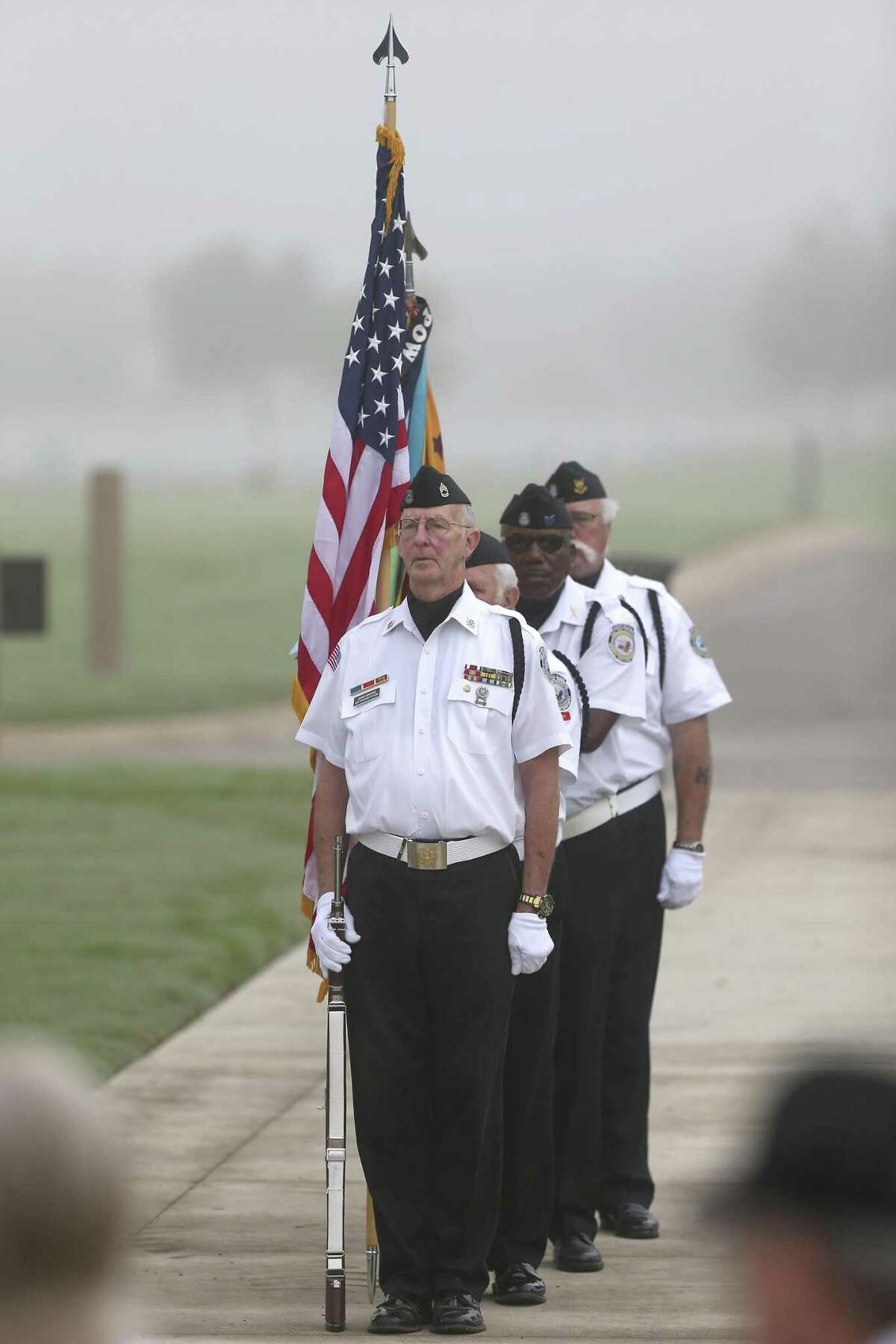 The color guard prepares to present the colors Wednesday, March 29, 2017 at Fort Sam Houston National Cemetery during a commemorative ceremony for Vietnam War veterans. April 30th marks the 42 anniversary of the last Americans being evacuated from the U.S. embassy in Saigon and the fall of the city to communist forces.