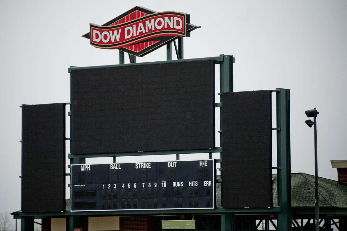 The unlit scoreboard on Monday at Dow Diamond. The Loons held their first practice in Midland inside due to the rainy weather. The Loons face the Lansing Lugnuts in their season opener scheduled for Thursday, April 6, in Midland.