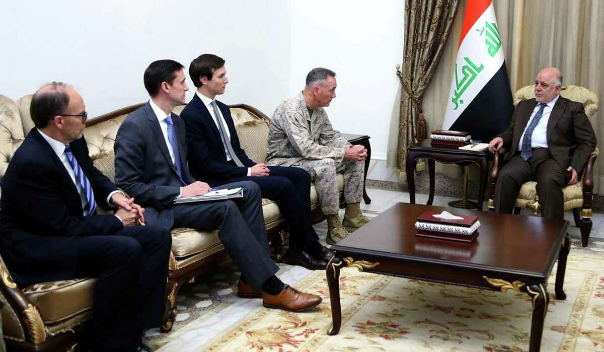 CORRECTION - A handout picture released by the Iraqi prime minister's press office shows premier Haidar al-Abadi (C) meeting with members of US delegation Marine Corps Gen. Joe Dunford, the chairman of the Joint Chiefs of Staff, Jared Kushner, senior adviser to US President Donald Trump, Tom Bossert, the US national security adviser and US ambassador Douglas Silliman. President Donald Trump's son-in-law Jared Kushner visited Iraq with the top US military officer to meet Iraqi leaders and review the fight against the Islamic State group, officials said. The visit comes as Iraqi forces battle to retake Mosul from IS with support from US-led air strikes that have recently been criticised for causing civilian deaths in the city's west. / AFP PHOTO / IRAQI PRIME MINISTER'S PRESS OFFICE / Handout / RESTRICTED TO EDITORIAL USE - MANDATORY CREDIT "AFP PHOTO / IRAQI PRIME MINISTER'S PRESS OFFICE" - NO MARKETING NO ADVERTISING CAMPAIGNS - DISTRIBUTED AS A SERVICE TO CLIENTS / The erroneous mention[s] appearing in the metadata of this Handout photo has been modified in AFP systems in the following manner: [Marine Corps Gen. Joe Dunford, the chairman of the Joint Chiefs of Staff, ] instead of [Gen Stephen Townsend]. Please immediately remove the erroneous mention[s] from all your online services and delete it (them) from your servers. If you have been authorized by AFP to distribute it (them) to third parties, please ensure that the same actions are carried out by them. Failure to promptly comply with these instructions will entail liability on your part for any continued or post notification usage. Therefore we thank you very much for all your attention and prompt action. We are sorry for the inconvenience this notification may cause and remain at your disposal for any further information you may require.HANDOUT/AFP/Getty Images
