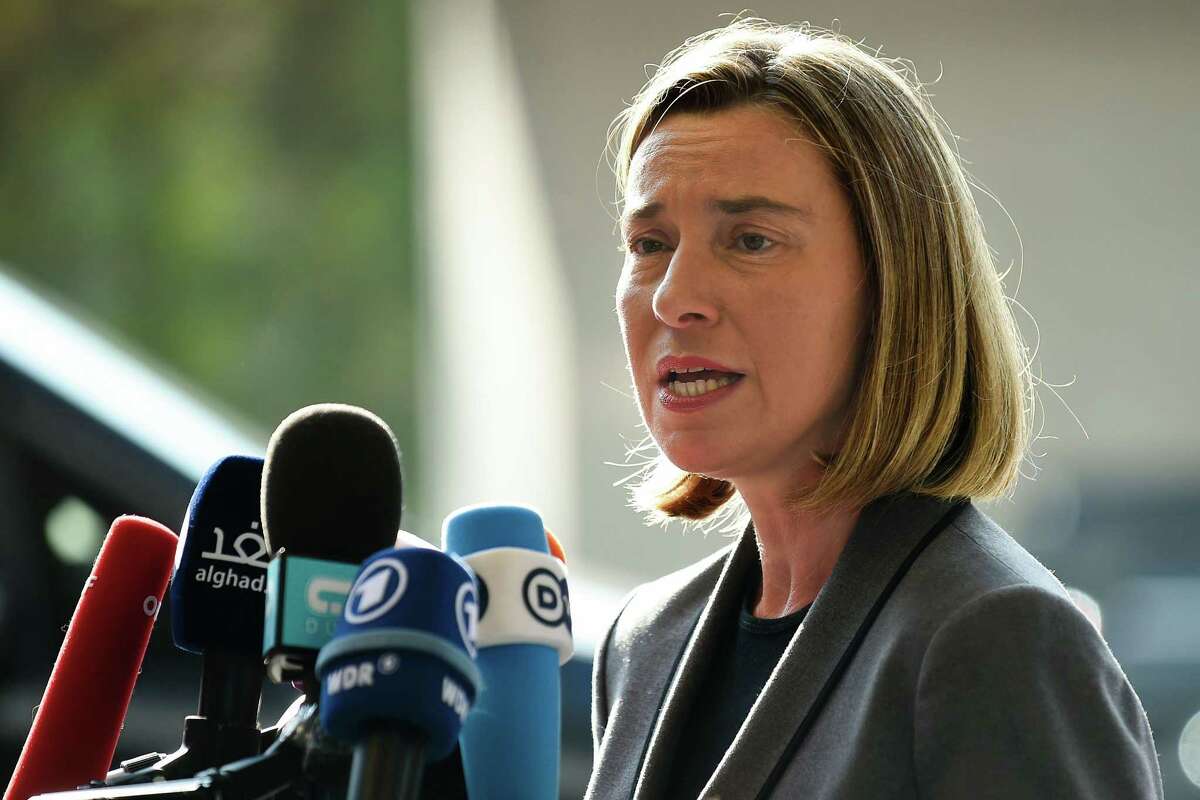 High Representative of the Union for Foreign Affairs and Security Policy and Vice-President of the Commission Federica Mogherini answers journalists' questions on April 3 2016 during a Foreign Affairs meeting in Luxembourg. / AFP PHOTO / JOHN THYSJOHN THYS/AFP/Getty Images