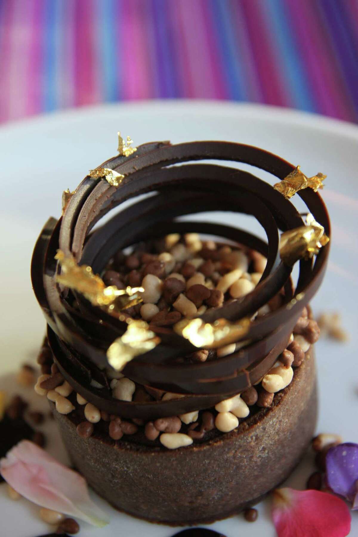 Chef Hugo Ortega and restaurateur Tracy Vaught of H Town Restaurant Group have opened Xochi, a new restaurant in the Marriott Marquis Houston in January 2017. Xochi's menu will focus on the food and drink of Oaxaca, Mexico. Shown: Pastry Chef Ruben Ortega's elaborate Piedras y Oro chocolate dessert.