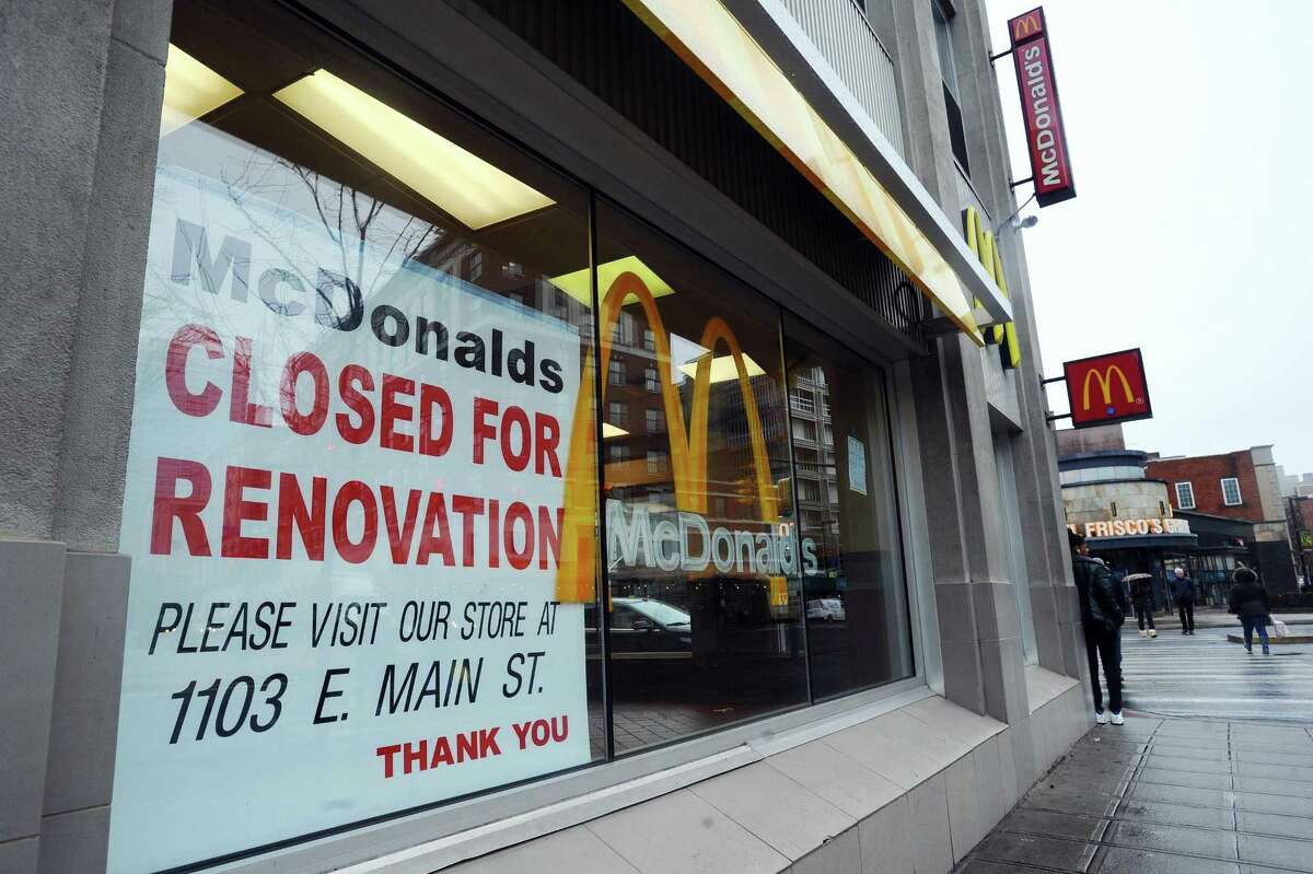 25 Bedford St.: The downtown McDonald’s closed for renovations last week, and is not expected to reopen until late June. The renovation will include a new dining room, digital kiosks and the addition of table service. The rollout of this new, more modern fast-food dining experience is beginning in the New York metro region, Florida and South Carolina, according to a McDonald’s spokeswoman. A sign taped to the front window of the downtown McDonald’s directs customers to dine during the renovations at the East Side location at 1103 E. Main St. Have a question about a building or property? Email Nora Naughton with “Point of Interest” in the subject line at nnaughton@stamfordadvocate.com.