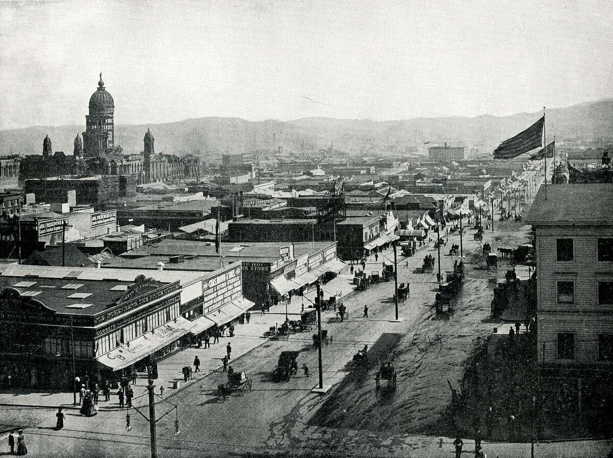 Temporary stores erected along Van Ness Avenue immediately after the great fire. Ruins of City Hall on the left. "The New San Francisco - Two Years After the Great Fire"