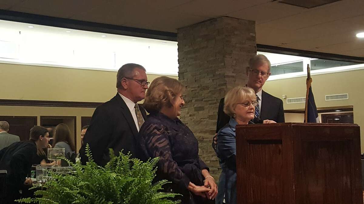 Judy Thigpen introduces 2017 Pillars of the Community honorees Byron and Ginger Bertrand during the HAAM Pillars of the Community event at Kingwood Country Club March 31. From left to right: Byron Bertrand, Ginger Bertrand, Judy Thigpen, James Thigpen.