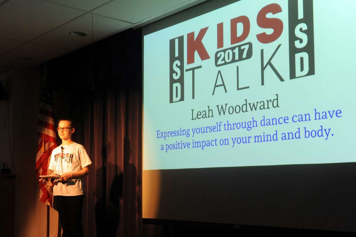 Fifth-grader Leah Woods takes part in a presentation by students during Kids Talk 2017 at International School at Dundee, in Greenwich, Conn. April 4, 2017.