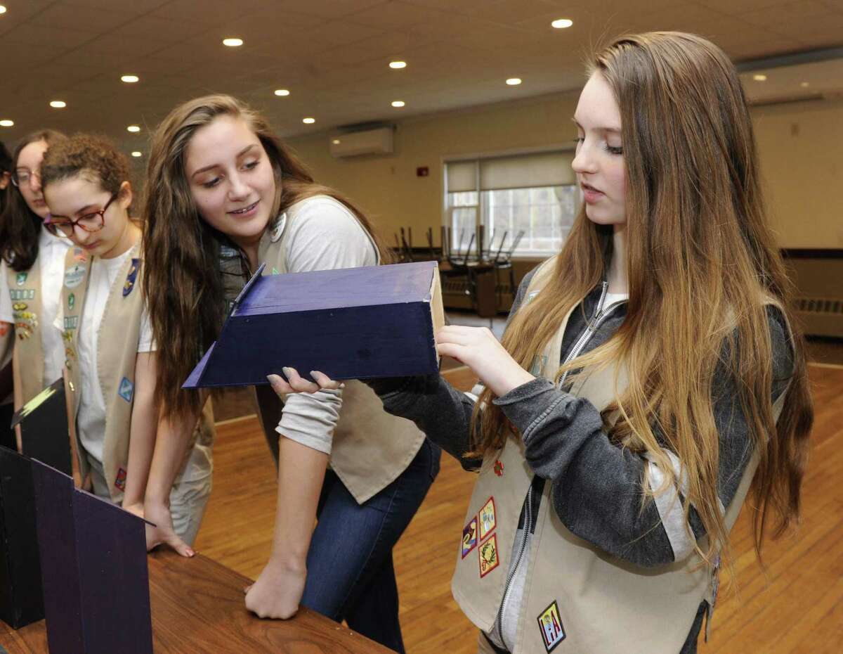 Rianne Chiarello, 14, second from left, and Amanda Bothwell on Tuesday talk about the bat boxes they and their fellow Girl Scouts built to capture bats.