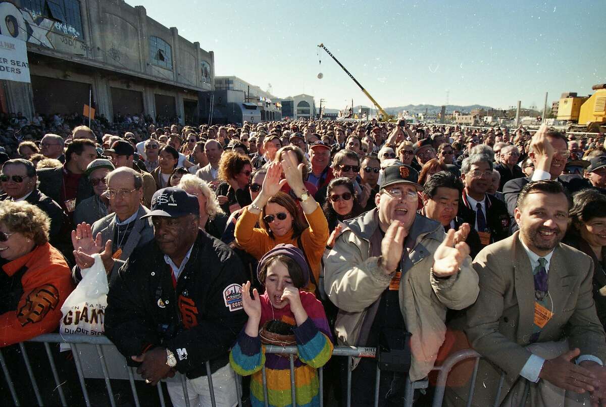 Groundbreaking at Pac Bell Park, the new Giants ballpark in China Basin. Fans line up to watch on Dec. 11, 1997.