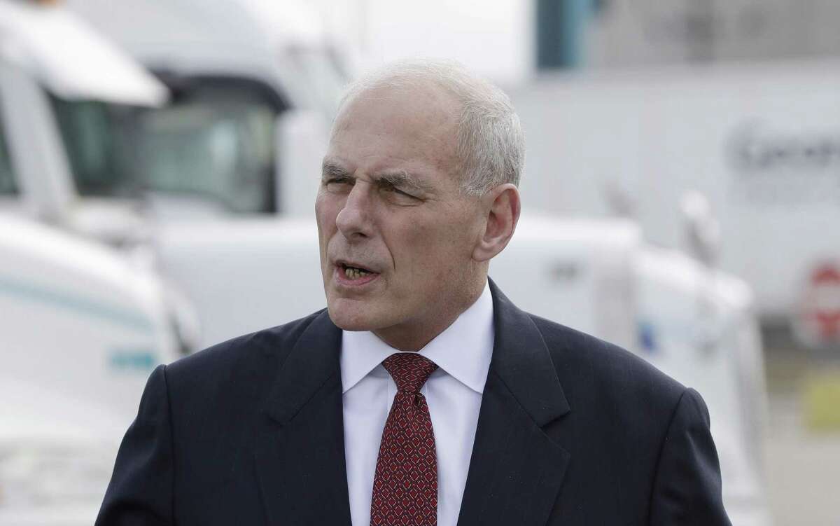 Homeland Security Secretary John Kelly addresses the media at the Ambassador Bridge border crossing, Monday, March 27, 2017, in Detroit. Sec. John Kelly observed northern border operations and met with DHS personnel, local immigration stakeholders and Arab American community members. (AP Photo/Carlos Osorio)