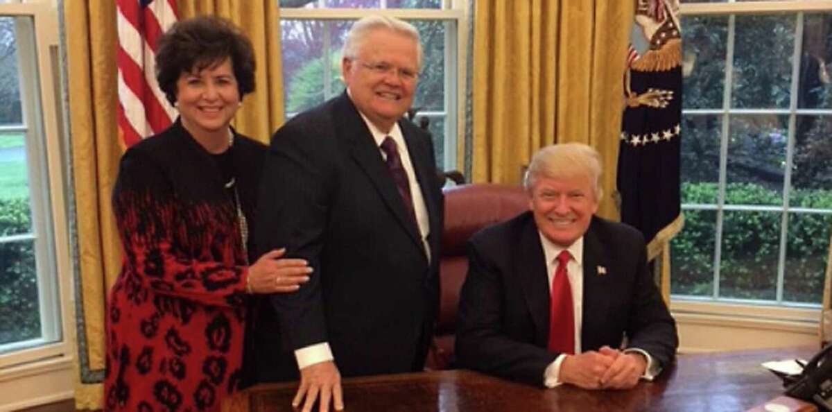 John Hagee and wife Diana stop by the Oval Office to say hello to President Donald Trump.
