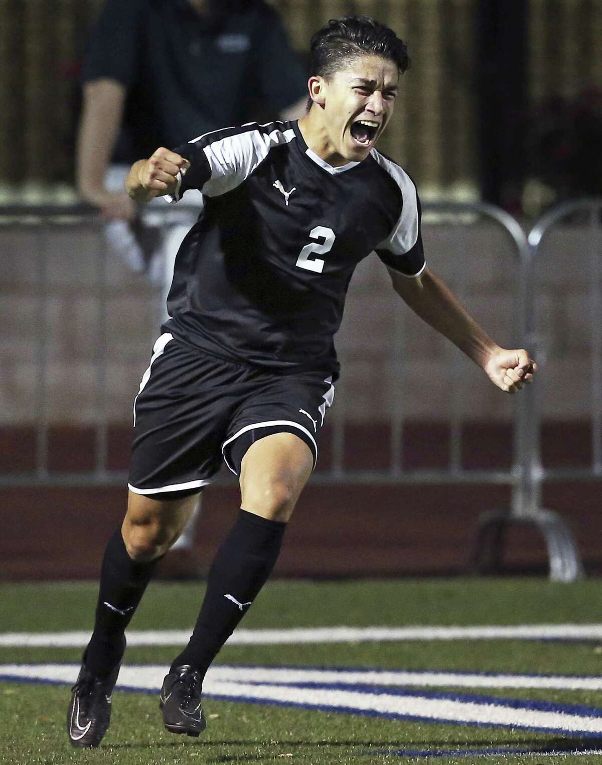 Clark's Pete Garcia celebrates his goal in the first half as Jay plays Clark in Class 6A third-round boys soccer playoffs at Farris Stadium on April 4, 2017.
