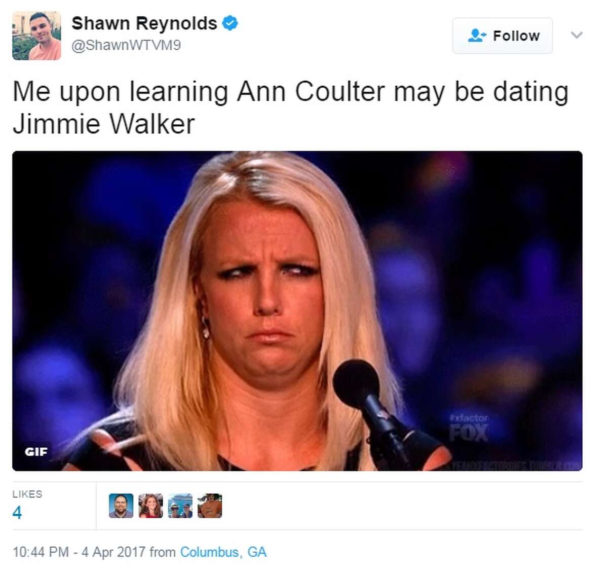 It was revealed in an Entertainment Weekly story on April 4, 2017 that Ann Coulter may be dating Jimmie Walker of the 1970's sitcom Good Times. The internet wasn't sure what to make of the news. Image source: Twitter