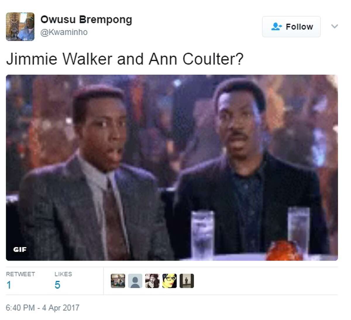 It was revealed in an Entertainment Weekly story on April 4, 2017 that Ann Coulter may be dating Jimmie Walker of the 1970's sitcom Good Times. The internet wasn't sure what to make of the news. Image source: Twitter