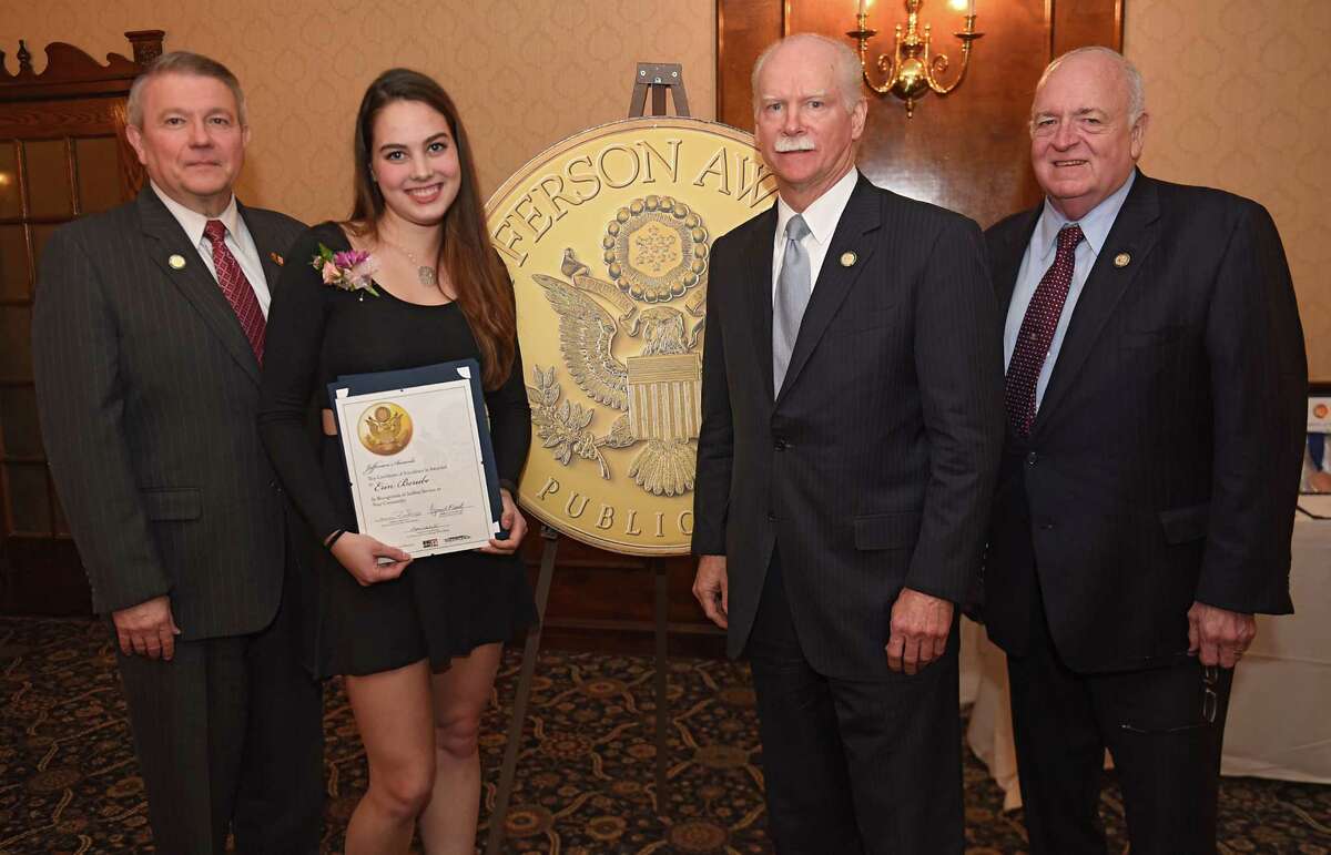 From left, Stephen Baboulis, vice president and general manager, WNYT/WNYA, Jefferson Award finalist Erin Berube, George R. Hearst III, publisher and CEO, Times Union, and Elmer Streeter, director of corporate communications, St. Peter's Health Partners, during a dinner and program to honor the Jefferson medalists and finalists at the Century House on Tuesday, April 4, 2017 in Latham, N.Y. (Lori Van Buren / Times Union)