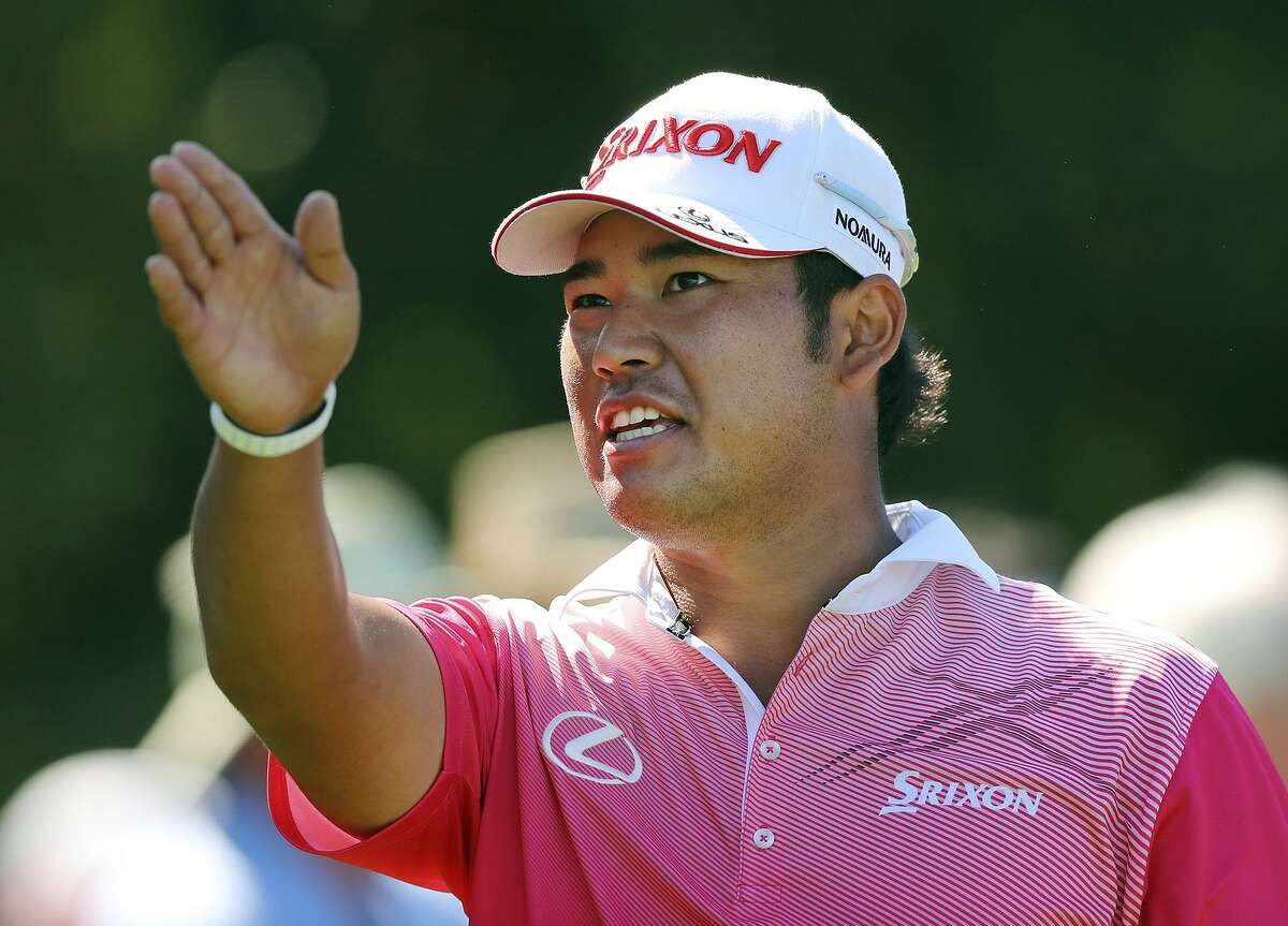 Hideki Matsuyama reacts to his drive on the 18th hole during a practice round for the Masters on April 4, 2017, in Augusta, Ga.