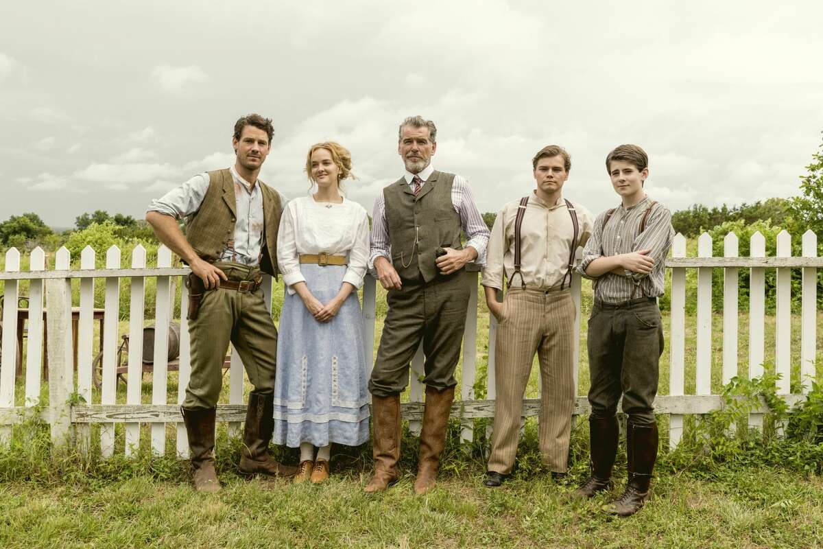 Shane Graham of Marion, a small Texas town just outside of San Antonio, plays oldest McCullough grandson Charles, second from right, in the AMC series "'The Son." To his left is co-star Pierce Brosnan who plays his grandpa Eli McCullough. Also pictured are Henry Garrett (from left) Pete McCullough, Jess Weixler as Pete's wife, Sally McCullough, and Caleb Burgess as youngest grandson Jonah McCullough.