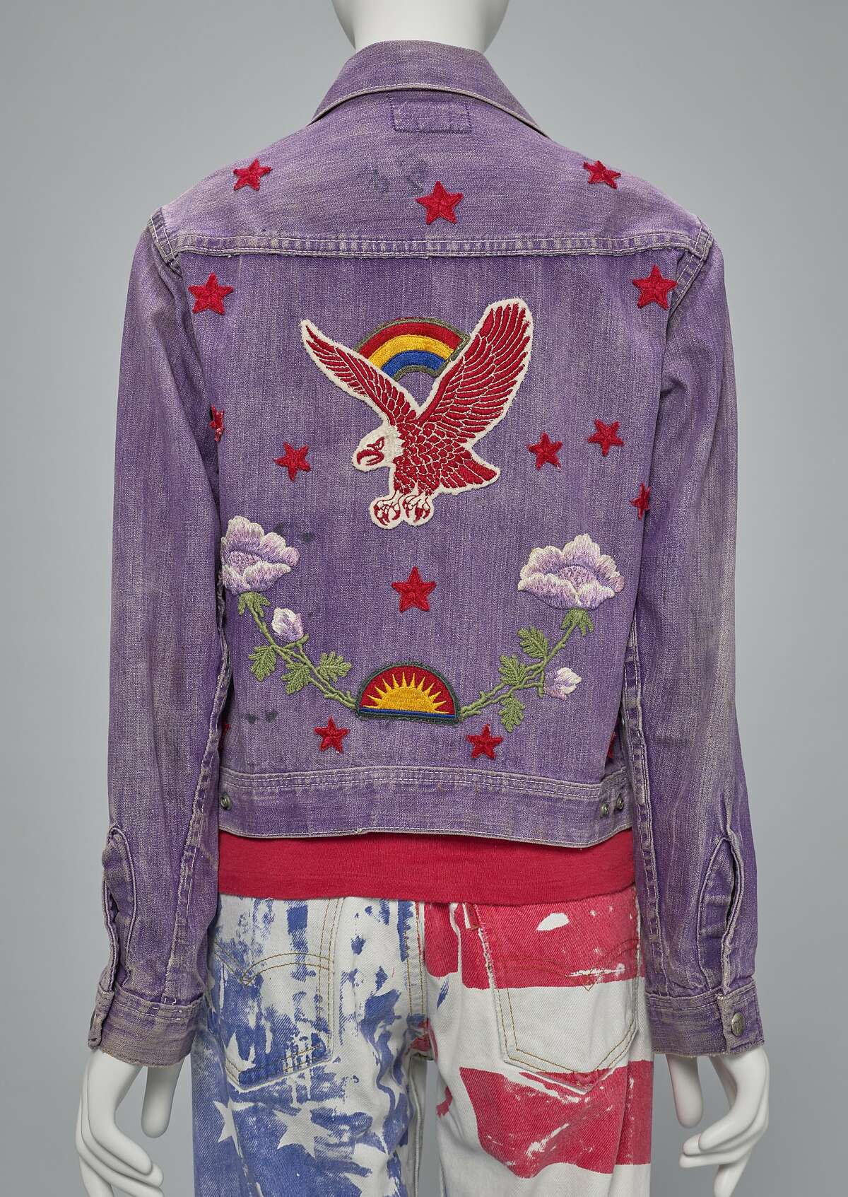 Helene Robertson, Customized "Farah of Texas" jacket ca. 1960s. Denim jacket with cotton patches and metal studs. Collection of the Artist. Pants, ca. 1960s. Silkscreened Levi�s denim jeans. Collection of Helene Robertson. Image Courtesy of the Fine Arts Museums of San Francisco