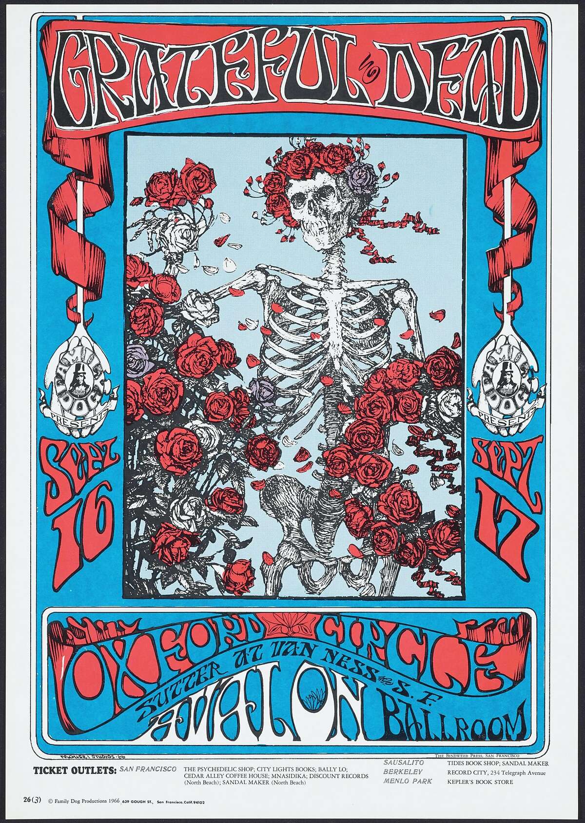 Stanley Mouse and Alton Kelley, "Skeleton and Roses," Grateful Dead, Oxford Circle, September 16 & 17, Avalon Ballroom, 1966. Color offset lithograph poster, 20 x 14 in. (50.8 x 35.5 cm). Fine Arts Museums of San Francisco, Museum purchase, Achenbach Foundation for Graphic Arts Endowment Fund, 1974.13.100. Artwork by Stanley Mouse and Alton Kelley. � 1966, 1984, 1994 Rhino Entertainment Company. Used with permission. All rights reserved. www.familydog.com On view at de Young Museum, "Summer of Love: Art, Fashion, and Rock & Roll," April 8 � August 20, 2017 Image Courtesy of the Fine Arts Museums of San Francisco