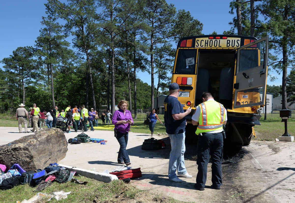 More than 20 Charlton-Pollard Elementary students and two adults were hospitalized when a Beaumont Independent School District bus was involved in a traffic accident on US 69 in Lumberton Wednesday. The bus was returning from a Big Thicket field trip when the accident forced the bus to crash into a culvert and stopping in another culvert several feet away. Lumberton Police are investigating the cause of the accident. Photo taken Wednesday, April 05, 2017 Guiseppe Barranco/The Enterprise