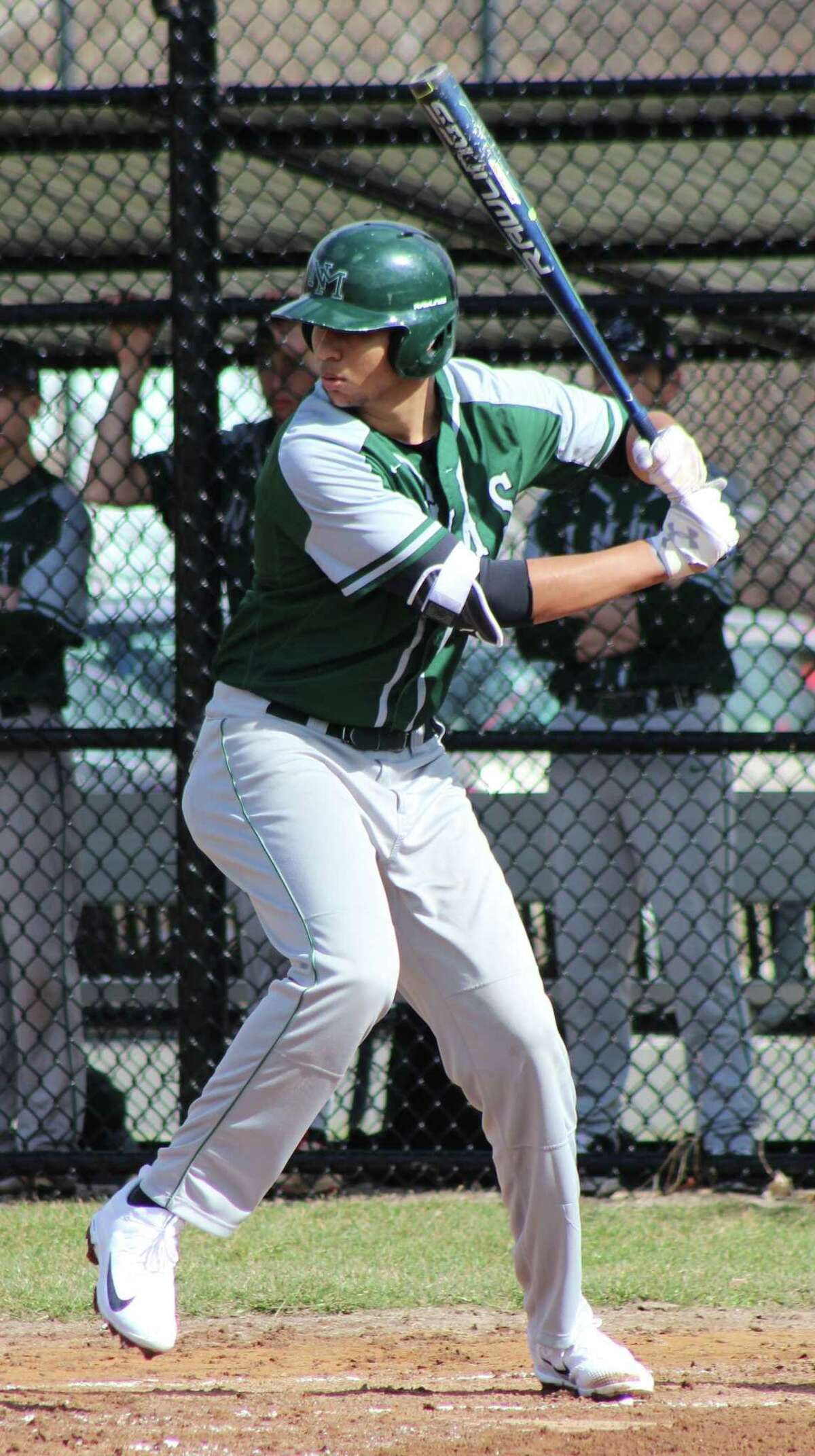 New Milford slugger Noah Martinez gets ready to take a swing during the baseball game at Abbott Tech in Danbury April 5, 2017.