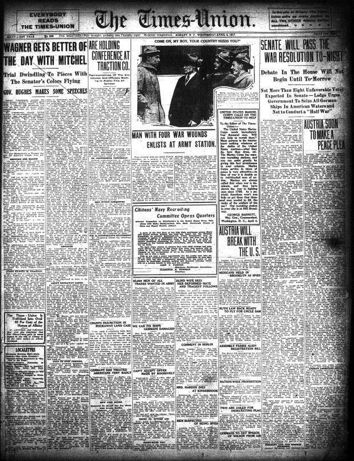 Times Union front page April 4, 1917, as America entered World War I.