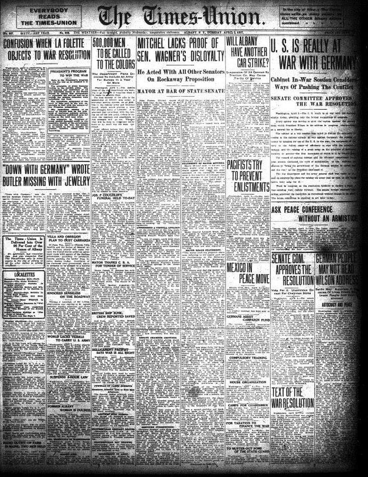 Times Union front page, April 3, 1917, as America entered World War I.