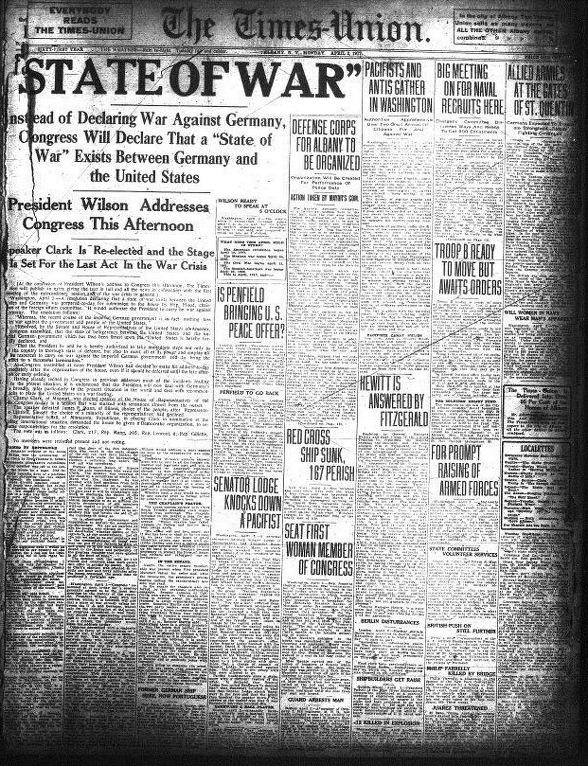 Times Union front page, April 2, 1917, as America entered World War I.
